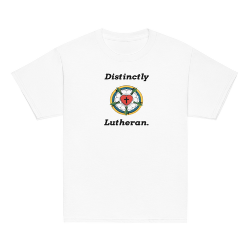 Front view of a white classic youth t-shirt featuring the typography 'Distinctly Lutheran' flanking the traditional Luther Rose symbol. Premium children's religious shirt from Phoenix Anthem.
